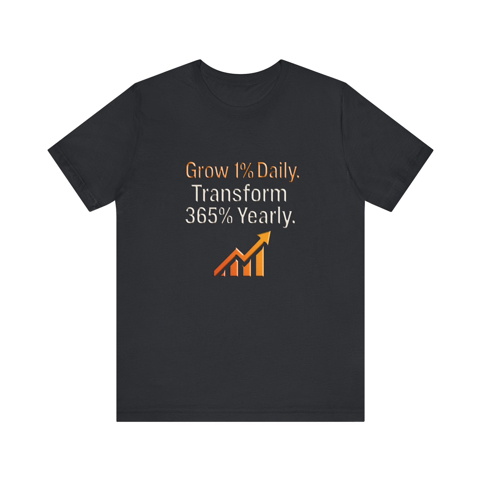 Black unisex motivational growth t-shirt with "Grow 1% Daily. Transform 365% Yearly." text and upward arrow graphic