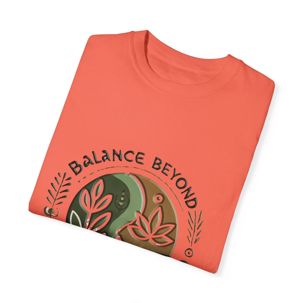Balance Beyond Medication Unisex Garment-Dyed T-Shirt, folded with artistic design on soft fabric.