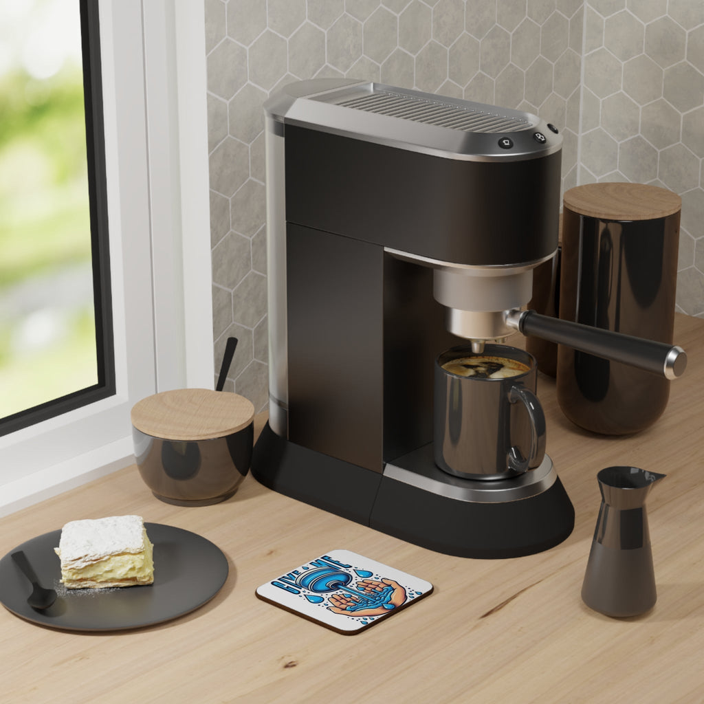 Hardboard Back Coaster on countertop next to a coffee machine and a dessert plate, showcasing durability and style.