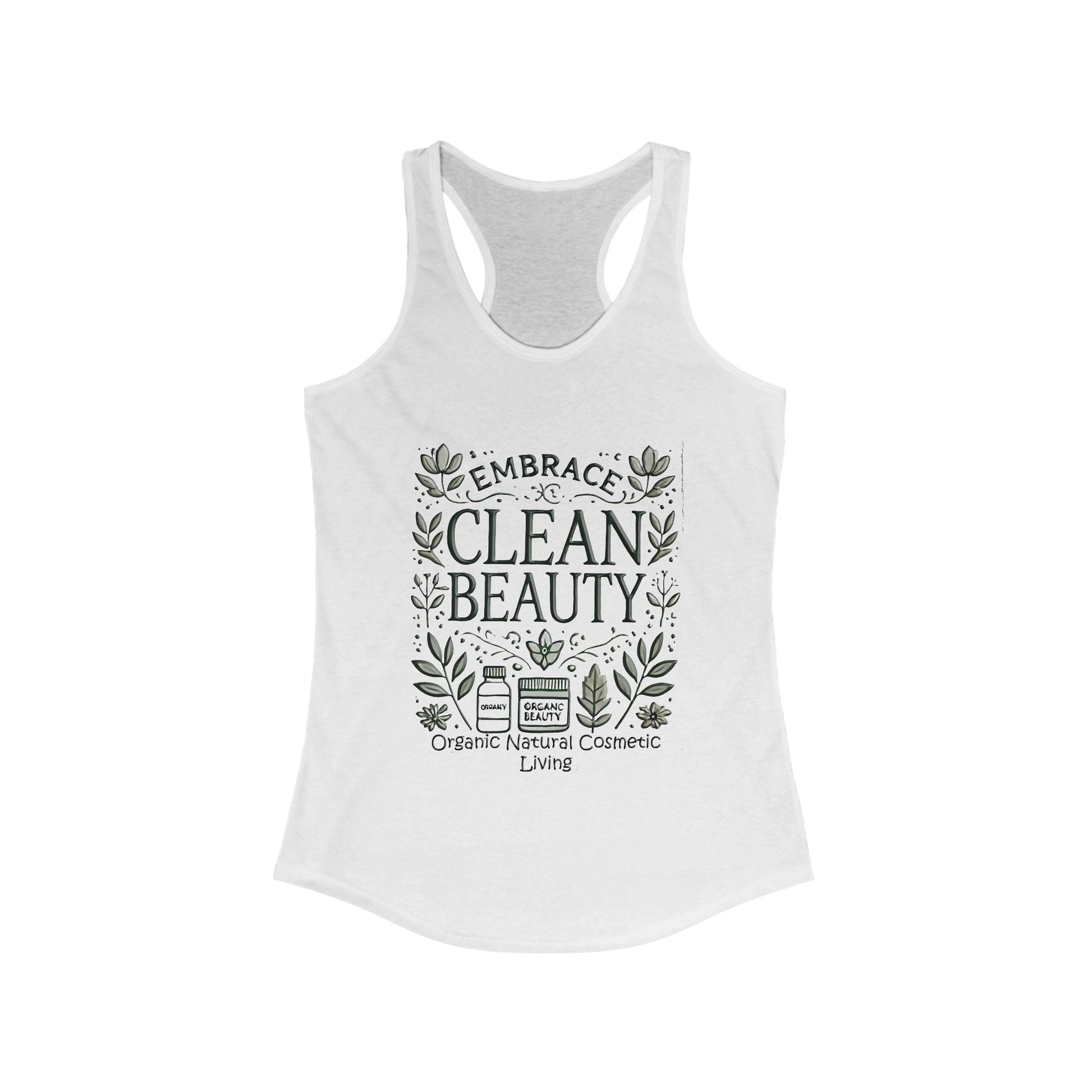 Organic racerback tank top for women featuring "Embrace Clean Beauty" design, perfect for workouts and casual outings.