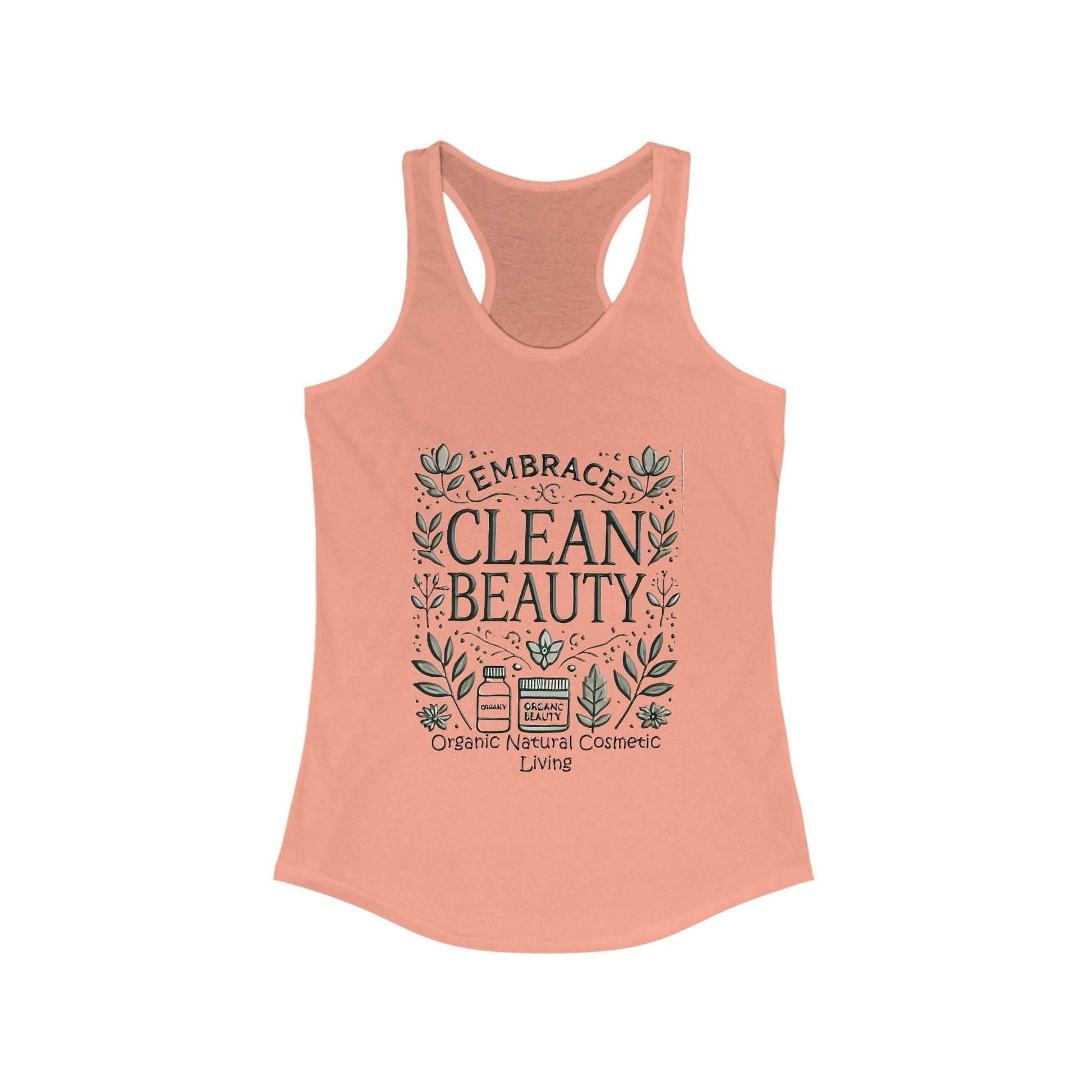 Organic racerback tank for women with "Embrace Clean Beauty" text in peach, ideal for casual wear or workouts.