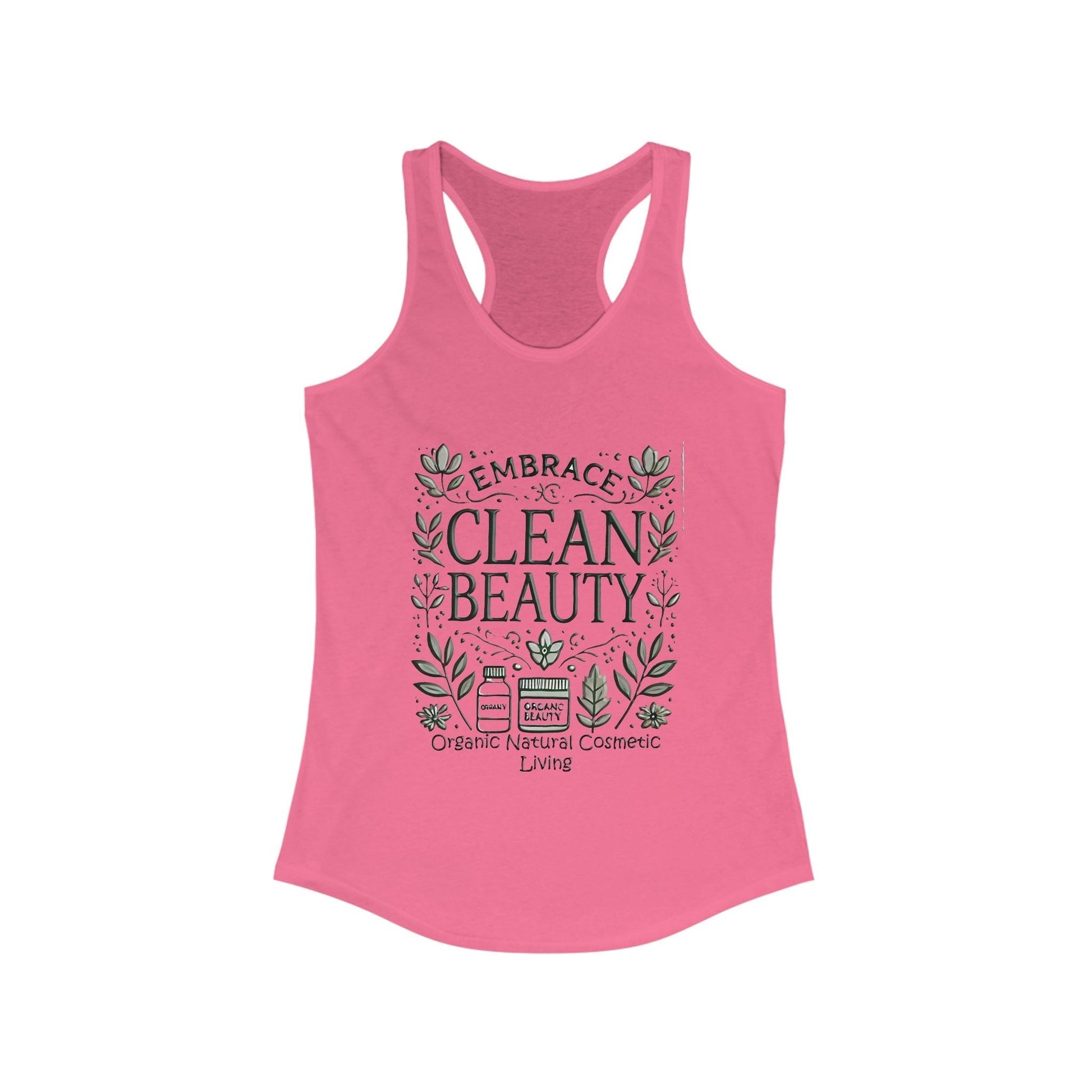 Women's pink racerback tank with "Embrace Clean Beauty" text and organic-themed design.