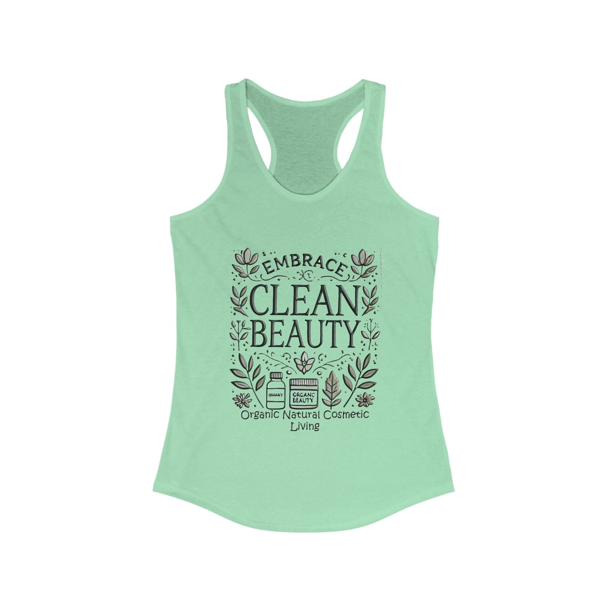 Embrace Clean Beauty Women Racerback Tank in light green, featuring organic natural design and text.