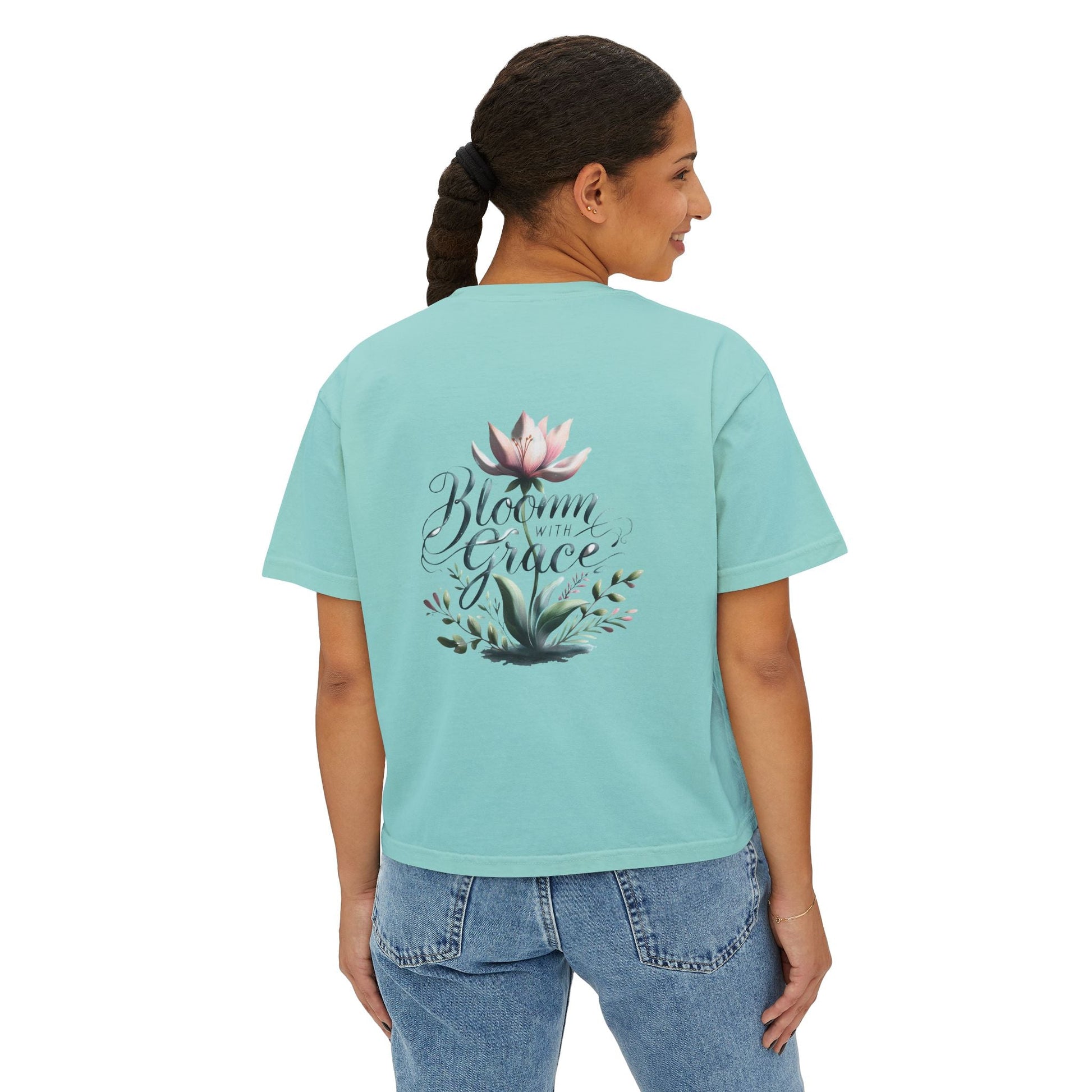 Womens Boxy T-shirt with Floral Design, Bloom with Grace Motif, Casual Summer Top