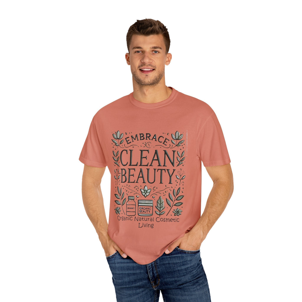Clean Beauty Unisex T-Shirt with organic design, worn by a model.