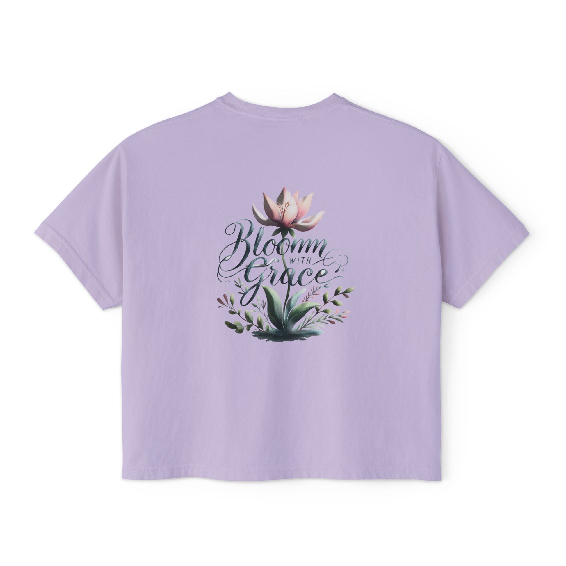 Womens boxy T-shirt with floral design and "Bloom with Grace" text, casual summer top.