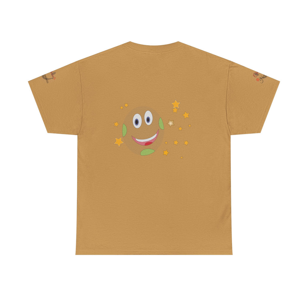 Unisex Heavy Cotton T-shirt featuring a cheerful face and stars design on a mustard background.