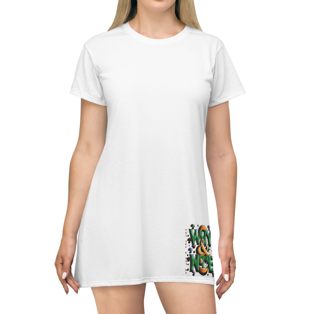 All-over-print T-shirt dress with vibrant design, 100% polyester, true-to-size fit.