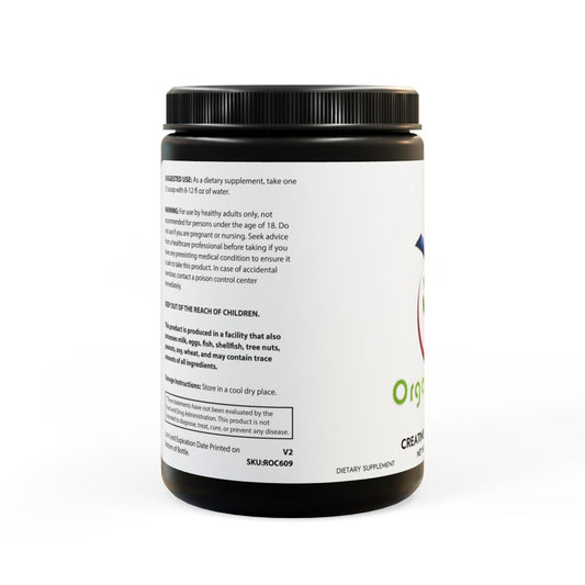 Creatine Monohydrate Supplement bottle with label emphasizing performance optimization, muscle recovery, and pure ingredients.