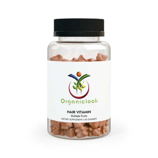 Hair Vitamin Gummies bottle with multiple fruit flavors for nourishing hair growth.